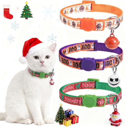 Image of Christmas Breakaway Cat Collars, Holiday Fall Winter Collar with Bell, Kitten Collar Adjustable Safety Buckle for Girl Boy Cats Dogs