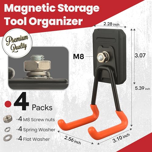 Image of Heavy Duty Magnetic Garage Hooks, 4 Pack Rubber Coated Strong Magnet Hooks for Power Drills, Garden Tools, Ropes, Magnetic Storage Hooks for Workshop and Garage Organization (Orange)