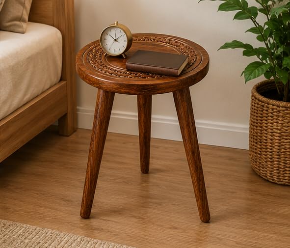 Image of Wood Round Side Table Coffee Table for Living Room | Wooden End Table with Decorative Wooden Plant Stand & Stool for Living Room, Balcony,& Bedroom Accent Table | Brown (Brown)