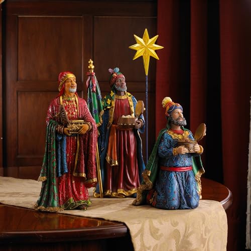 Image of Three Kings Gifts 11-Piece Real Gold Christmas Nativity Scene Set, 7-Inch Scale Polystone Holy Family, Magi Wise Men, Angel, and Shepherds, Complete Holiday Tabletop Creche Figures Display