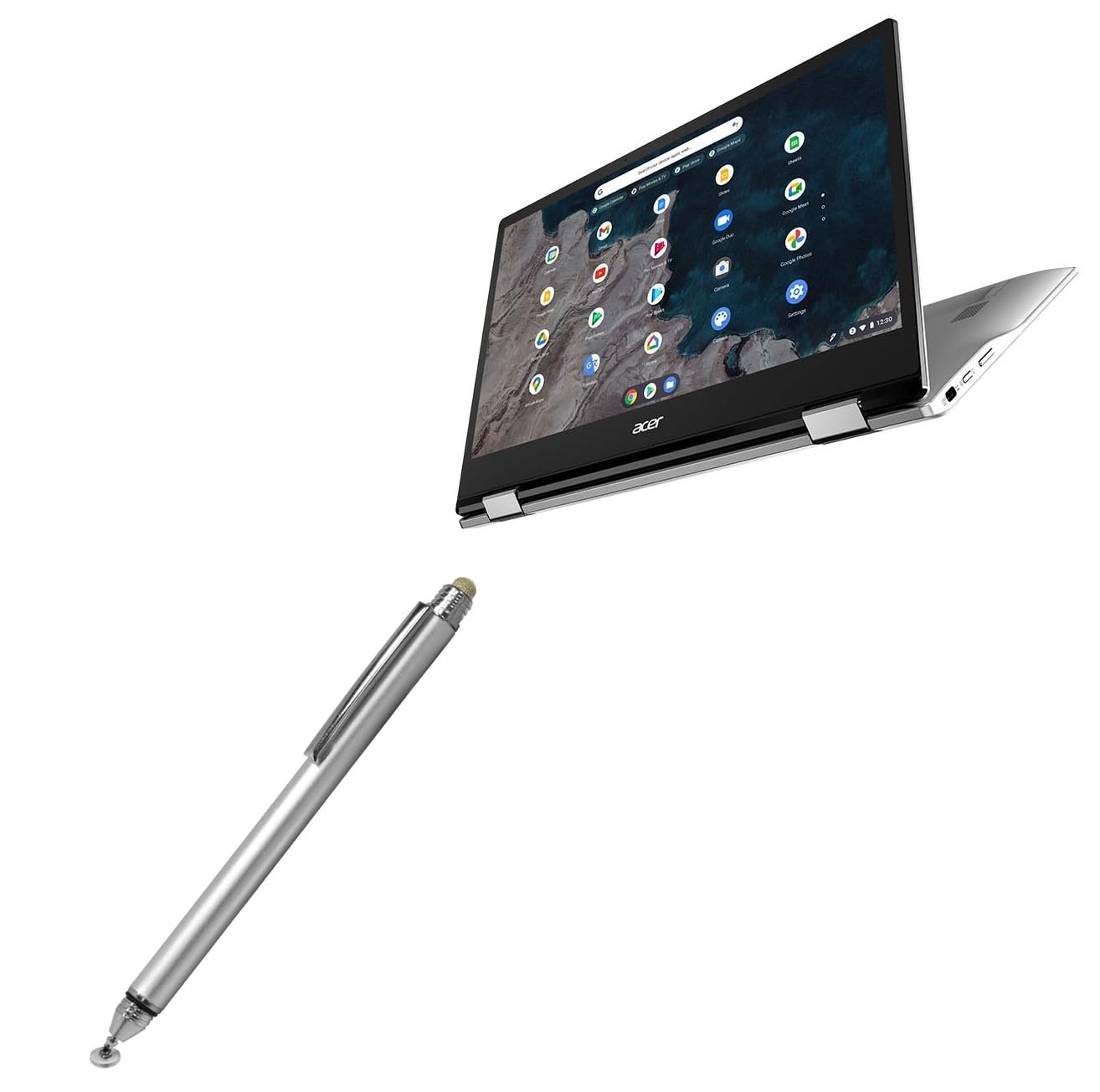 Stylus Pen Compatible with Acer Chromebook Spin 513 (CP513-1H) - DualTip Capacitive Stylus, Fiber Tip Disc Tip Capacitive Stylus Pen - Metallic Silver
