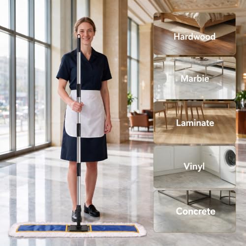 Image of 40 inch Commercial Dust Mop, Large Dust Mop with 2 Washable Pads, Blue | Industrial Mop with 2 Washable Pads, Large Heavy Duty Industrial Push Mop for Hardwood, Marble, Laminate, Vinyl, Concrete
