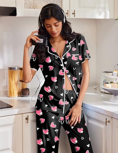 Image of Ekouaer Pajamas for Women Set Button Up Soft Pjs Short Sleeve 2 Piece Lounge Sets Comfy Sleepwear