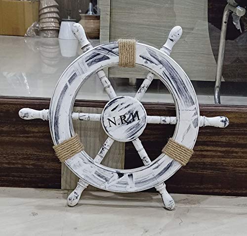 Roue de navire avec corde naturelle et finition blanche effet vieilli patiné - 4