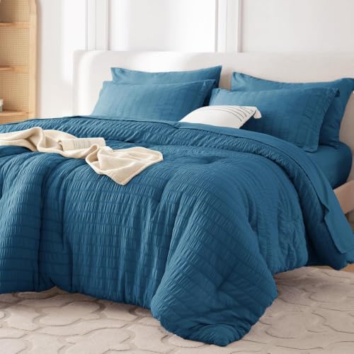 Image of MUXHOMO 7 Pieces Oversized King Comforter Set, Seersucker Bed in a Bag Oversized King Size, All Season Luxury Bedding Set with Comforter, Flat Sheet, Fitted Sheet, Pillowcases & Shams, Teal