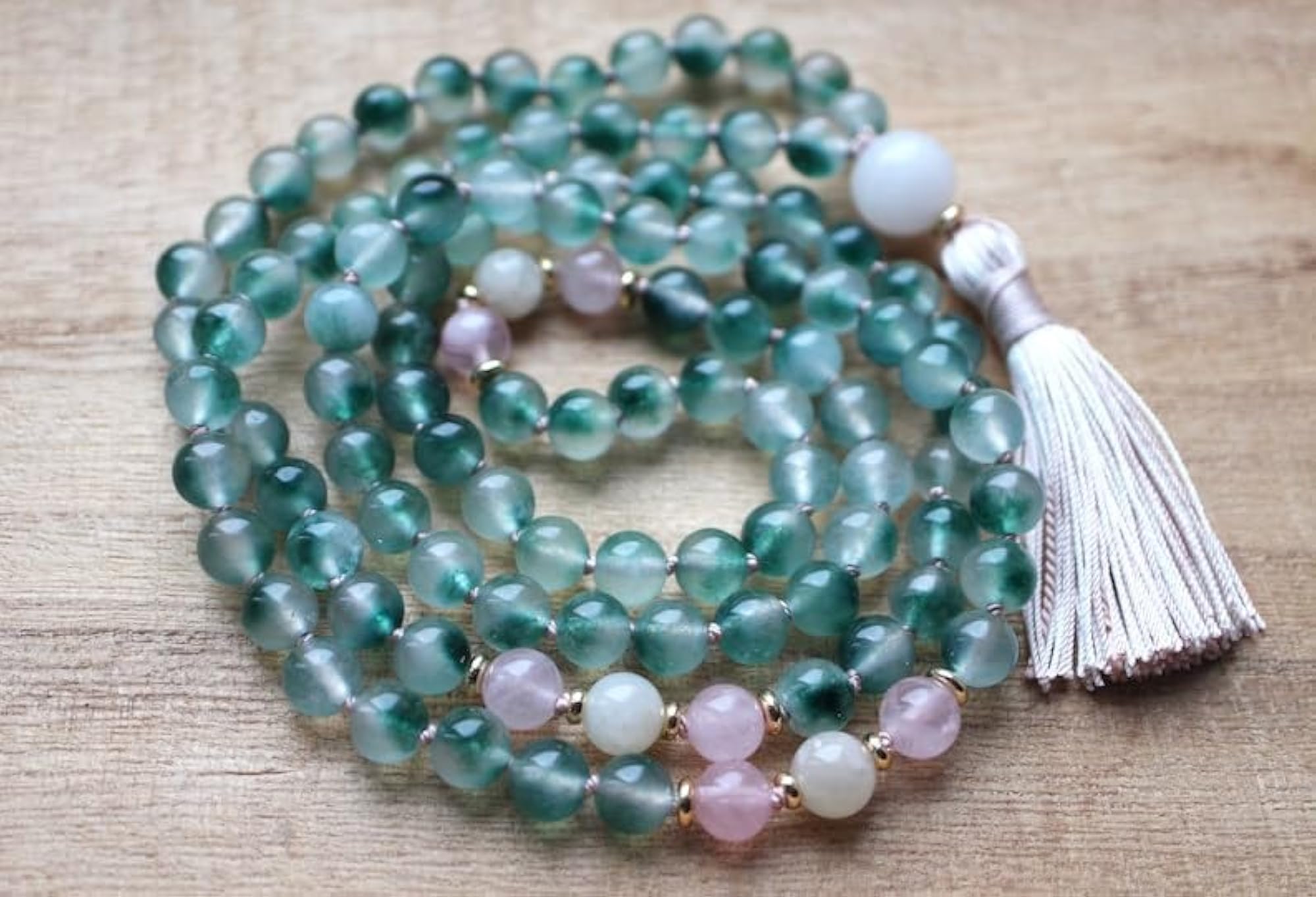 Natural Flower Jade & Rose Quartz 6MM Beaded Handmade Prayer Mala Necklace
