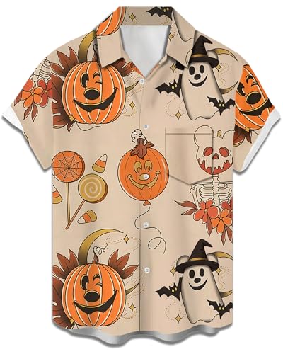 Mens Halloween Shirt Pumpkin Cartoon Print Hawaiian Short Sleeve Casual Button Down Shirts