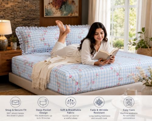 Image of Fitted Bedsheet Queen Size 300 TC Soft Cotton Feel Microfiber All Around Elastic Fitted Double Bedsheet with 2 Frill Pillow Covers | Size (60x78) Check Blue