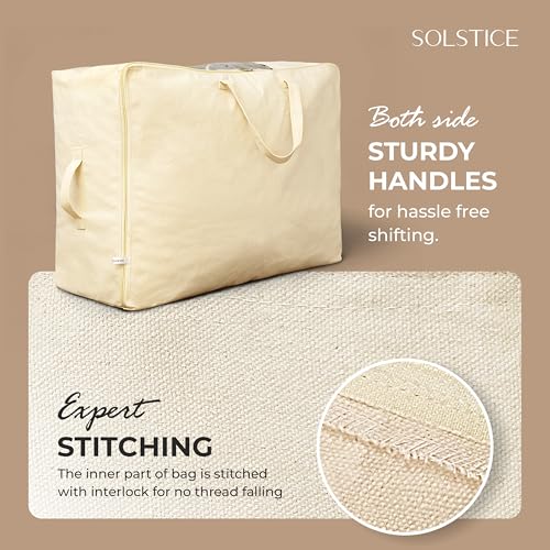 Image of SOLSTICE Extra Large Cotton Canvas Blanket Storage Bags with Zipper, 4 Handles & Window | for Saree, Pillows, Blankets, Rajai & Seasonal Clothes as Wardrobe Organizer and Under Bed Storage | Pack of 2