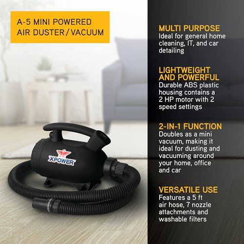Image of XPOWER A-5 Electric Air Duster for Dusting, Drying, Inflating, Blowing, Vacuuming, Car Detailing, Computer, Leaf Blowing, 100 CFM, 5 Nozzles + 2 Brushes, High Performance Motor, Eco-Friendly