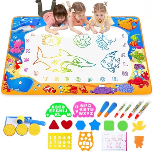 Image of PATPAT 100x70CM Reusable Magic Water Doodle Mat for Kids, Animal Ocean Theme Educational Drawing Toys Mat with Water Pens, Roller Stamps, Templates & Guide Birthday Gift for Kids