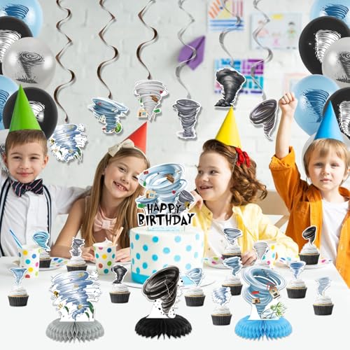Image of Tornado Birthday Party Decorations - Tornado Party Supplies including Happy Birthday Banner, Spirals, Cake Toppers, Table Centerpieces, Balloons, Tablecloth (LQ)