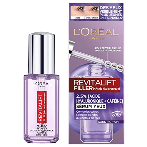 L'Oréal Paris - Sérum Contour des Yeux - Anti-Rides, Anti-Poches & Anti-Cernes - À l'Acide Hyaluronique Pur et à la Caféine - Embout Triple-Bille innovant - Revitalift Filler - 20 ml
