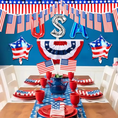 Tryly 4th of July Golf Cart Decorations Kit, Patriotic Parade Golf Cart Decor - Foil Fringe Garland, Pleated Fan Flag, Flag Windsock,Tinsel Garland, Flags Balloons for Independence Day Memorial Day