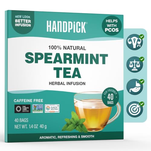 HANDPICK, Spearmint Tea Bags (40 Herbal Tea Bags) |Refreshing Mint Tea | Non-GMO | Round Eco-Conscious Teabags