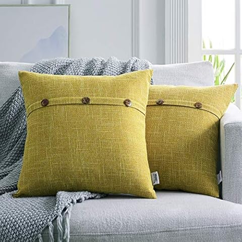 WESTERN HOME WH Set of 2 Decorative Linen Throw Pillow Covers, Triple Button Vintage Cushion Covers, Farmhouse Pillow Covers for Couch Sofa Bed 20 x 20 Inch 50 x 50 cm, Yellow Cover