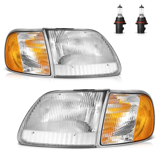 ROADEAL Headlights W/Bulbs for 1997-2003 Ford F150/1997-2002 Ford Expedition/1998-1999 F250 Selected with Signal Marker Light Driver & Passenger Side