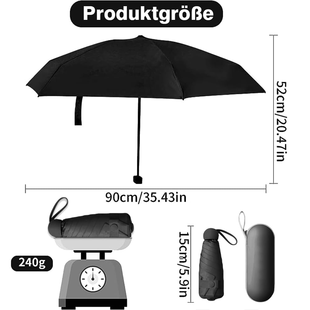 Kompaktowy parasol, parasol kieszonkowy z 6 żebrami, ochrona przed słońcem, ochrona przed promieniowaniem UV, składany parasol na słońce i deszcz (czarny), czarny, 90*55