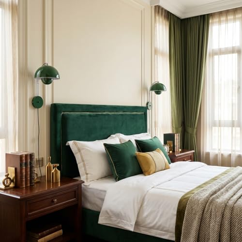 Image of Mid-Century Modern Bud Plug in Wall Sconces for Bedroom, Hunter Green | Indirect lighting reading wall lamp, all-metal construction, plug-in or hardwired install, fits bedroom bedside, living room