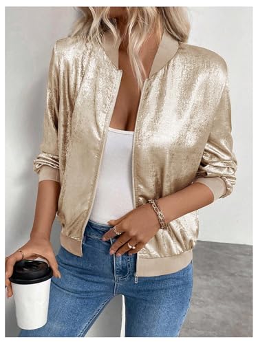 SHENHE Women's Metallic Bomber Jacket Lightweight Zip Up Long Sleeve Fashion Jacket Outwear4