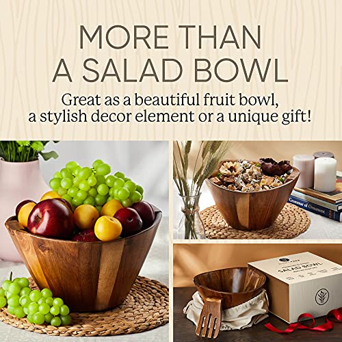 Wooden Salad Bowl Set With Serving Forks Mixing - Magnetic Serving Utensils Attached To Large Acacia Wood Bowl For 6-8 Helpings - Unique Wood Bowl - Strong And Leak Proof With Fabric Bag #TOP7