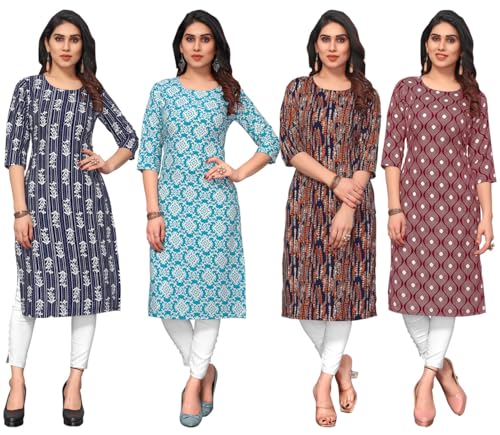 Image of JAKHANA Women's Crepe Printed Casual Straight Calf Length Round Nick Kurta Pack of 4