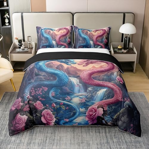 Dragon Duvet Cover Twin for Kids Boys,3D Dragon Ancient Wildlife Couple Lover 2 Pieces Duvet Cover,Romantic Flowers Floral Comforter Cover (Not Comforter),Traditional Nature Mountain Quilt Cover