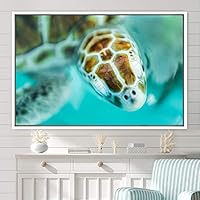 Framed Canvas Wall Art Sea Turtle Colorful Fish Group Marine Life Multicolor Nautical Photography Realism Ultra - 16x24 inches