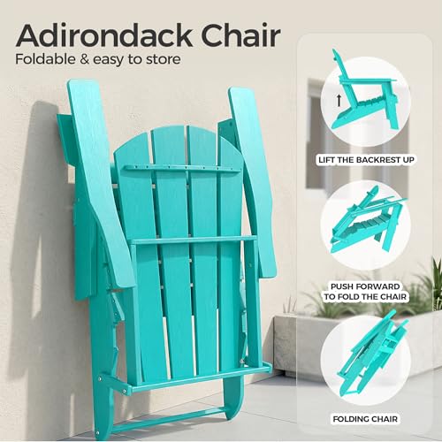 Image of Folding Adirondack Chair Set of 2, Lightweight-Portable HDPE Patio Chair, All-Weather Space-Saving Foldable Fire Pit Seating for Camping, Backyard, Deck-Aruba Blue
