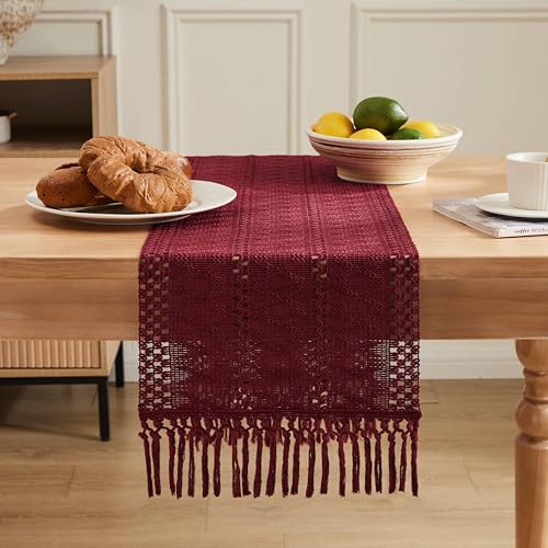 Image of ZeeMart Macrame Style Boho Table Runner, 12x90 Inch Burgundy | Woven Boho Table Runner with Handmade Tassels, Crochet Hollow Table Scarf, Farmhouse Kitchen Home Decor Dresser Runner