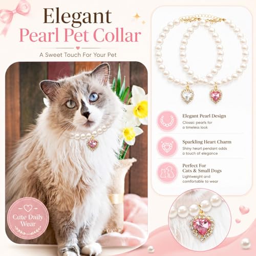 Image of BendJoy 2Pcs Adjustable Jewelry Cat Collar, Puppy Collar for Cats & Small Dogs Neck Belt with Rhinestone Heart Charm Pearl | Adjustable Fit | Rhinestone & Pearl Charm | Photography Prop