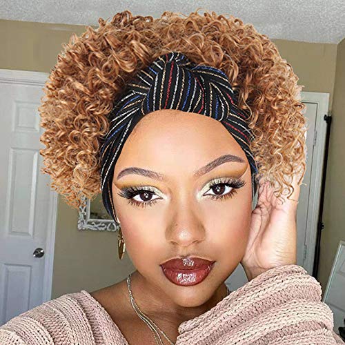 Aisaide Headband Wig Kinky Curly Wig Ombre Brown Wigs for Women Wrap Wigs Scarf Short Curly Hair Wigs with Headband Attached,Kinky Headband Wig Curly Synthetic Wigs Cheap Wigs with Stripe Scarf Wig