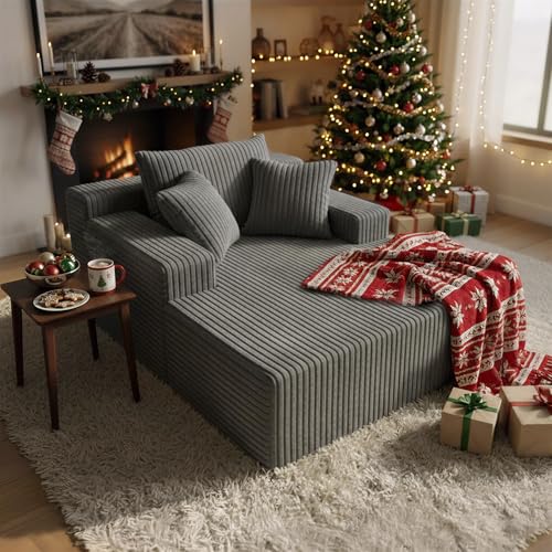 Sytopia Chaise Lounge with Armrests, Oversized Sofa Bed with 3 Pillows, Cozy Boneless Couch, Sleeper Reading Chair for Living Room Bedroom, Floor Sofa Corduroy, Furniture Sala, Urban Grey