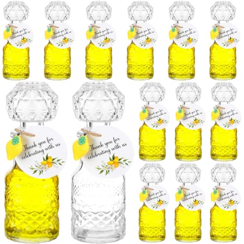 Chuangdi 16 Sets Mini Limoncello Glass Bottle Lemon Party Favors 1.7 oz Empty Limoncello Bottles with Lids Mini Lemon Pendants Tags for Homemade Brewing Wedding Bridal Party Gifts(Delicate)