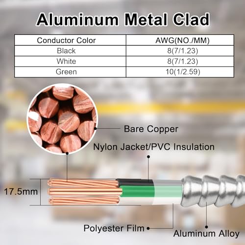 Image of 8 /2 Metal Clad (MC) Cable with Ground 200ft, 8 Gauge Electric Wire with Aluminum Armor, Solid Bare Copper Conductors for Indoor Outdoor Underground Embedded Installation (8 /2, 200 FT)