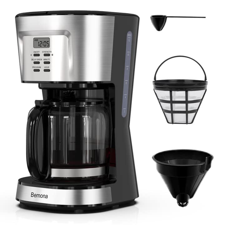 Bemona 12-Cup Brew Coffee Maker, Programmable Drip Coffee Machine with Glass Carafe and Permanent Filter, Auto Keep Warm, Water Window, Black Coffee Pot
