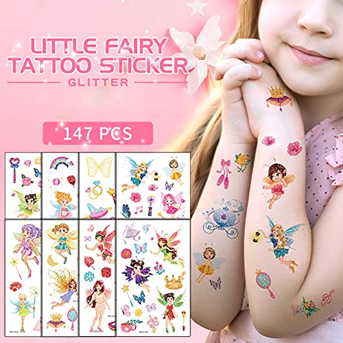 Topfunny Glitter Temporary Tattoos For Kids, Lovely Fairy Tale Magic Fake Tattoo Girls Birthday Party Supplies (10 Sheets) Cute Waterproof Art Wings Stickers Decoration Gifts Favors Sparkly Princess #TOP1