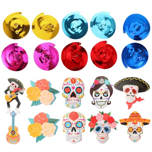 PAMINGONO 20 Stück Partyzubehör Mexikanische Tag der Toten Anhänger aus PVC Bunte Spiralanhänger Hängende Dekoration für Themenparty und Fest