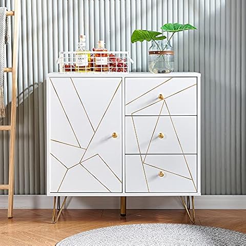 HomeSailing Elegant Sideboard with 1 Door and 3 Drawers Kithchen Cupboard with Gold-color Metal Legs Wood Bedroom Chest of Drawers Wardrobe 80cm Utility Unit Storage Cabinet with Storage Shelves Cover