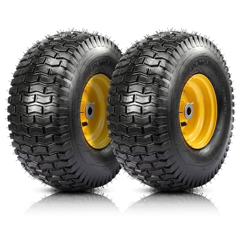 15x6.00-6 Lawn Mower Tires, 4 Ply Tubeless 15x6-6 Front Tire Assembly Replacement for John Deere Craftsman Husqvarna Riding Mowers, 500lbs Capacity, 3" Centered Hub, 3/4" Bushing, 2 Pack