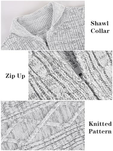 Ryannology Mens Shawl Neck Cardigan Sweater Cable Knit Zip Up Winter Casual Sweaters With Pockets Light Grey thumb #3