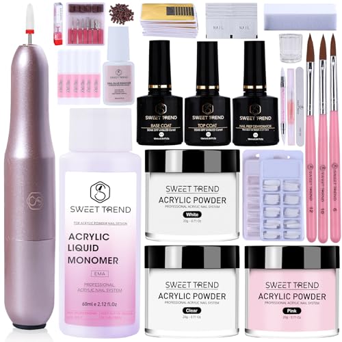 Acrylic Nail Kit with Drill: 20g Clear White Pink Acrylic Powder and Liquid Beginners Set -...
