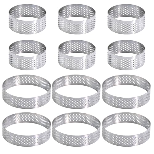 POPAPIE 12 Piezas Moldes Perforados Tartaleta,Aros para Tartas en Acero Inoxidable 430,Anillo de Mousse de Pastel Perforado Para Hacer Quiches Mousses Tartas De Frutas Mini Pizzas(5cm,8 cm)