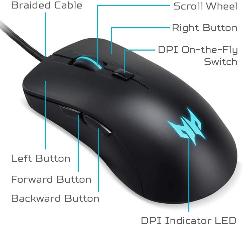 Acer Predator Cestus 310 Gaming Mouse connected via USB cable.