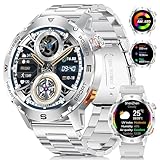 Smartwatch Herren mit Telefonfunktion, 1.43' Amoled Smart Watch Herren mit 120 Sportmodi/Schrittzähler, IP68 Wasserdicht Fitnessuhr mit Herzfrequenz/Schlafmonitor für Android iOS, Silber, 2 Armbänder