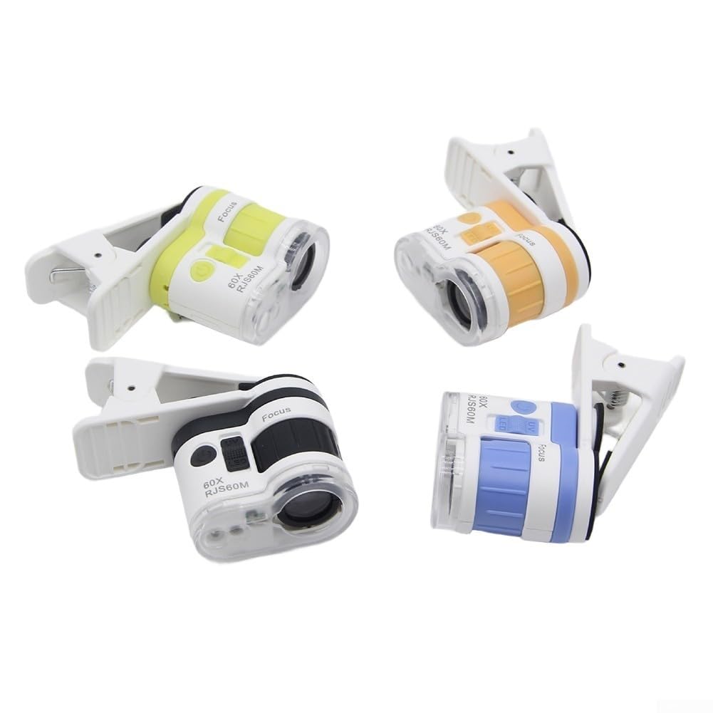 Microscopio portatile con ingrandimento 60x, con clip per telefono, luce bianca a LED, per progetti scientifici, hobby, uso nero, blu, giallo, arancione (nero)