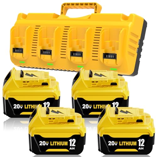 Image of 4Packs 12000mAh High Capacity Replacement for Dewalt 20V Max Battery 12.0Ah and 4-Port Charger Compatible with Dewalt 20 Volt Lithium Ion Battery DCB200 DCB201 DCB203 DCB206 Series Power Tool(Yellow)