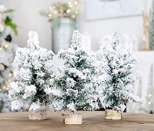 AuldHome Mini Christmas Trees (3-Pack, 8-Inch, Flocked); Canadian Pine Greenery Tabletop Holiday Decor