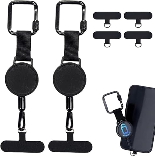 New&Teck Lot 2 Attache Téléphone Rétractable Anti-Vol avec 4 Patchs Noir – Cordon Antivol avec Mousqueton, Lanière en Acier Inoxydable Anti-Chute pour Randonnée, Escalade, Voyage, Cyclisme