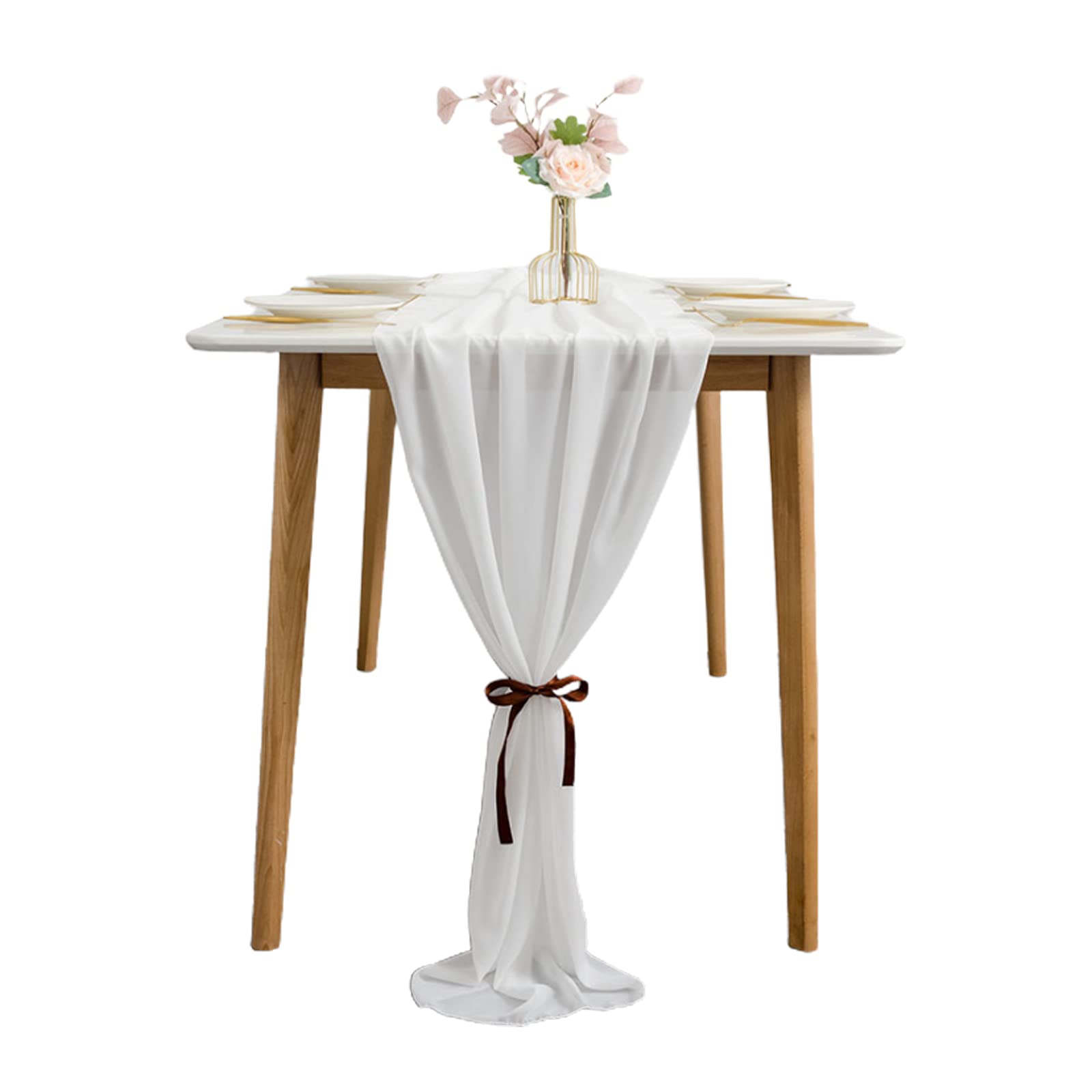 RNCOZE 10ft White Chiffon Table Runner, Simple Solid Color Wedding Tablecloth Wedding Table Runner for Wedding Party Ceremony Stage Decorations